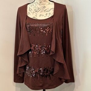 Brown Knit Sweater Cardigan Faux Layered look Soft Sequin Accents Size Medium